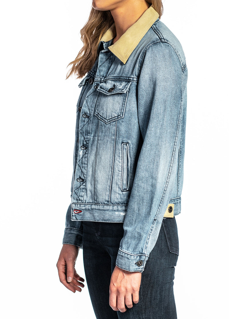 Denim & Cream Suede Jacket (Vintage Distressed) Navy Stitch