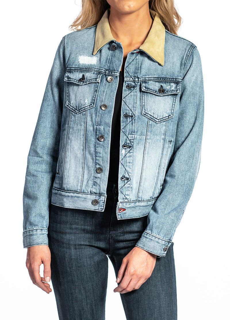 Denim & Cream Suede Jacket (Vintage Distressed) Navy Stitch
