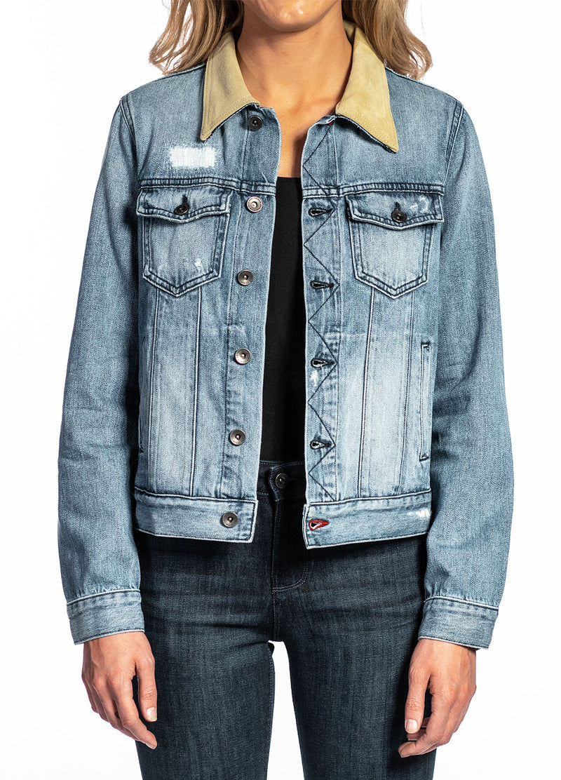Denim & Cream Suede Jacket (Vintage Distressed) Navy Stitch