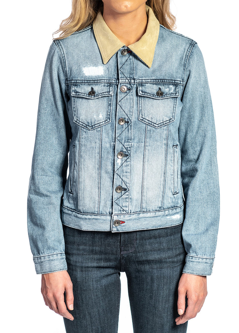 Denim & Cream Suede Jacket (Vintage Distressed) Navy Stitch