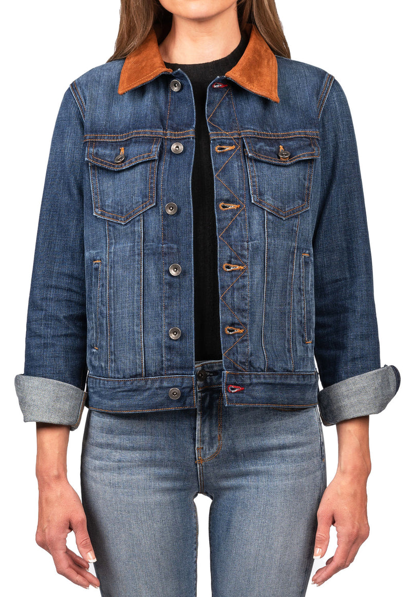 Denim & Brown Suede Jacket (Deep Ocean) Gold-Brown Stitch