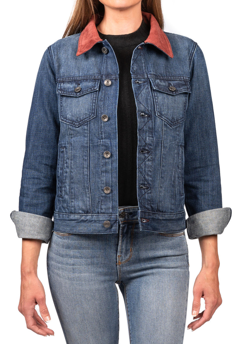 Denim & Burgundy Suede Jacket (Deep Ocean) Navy Stitch